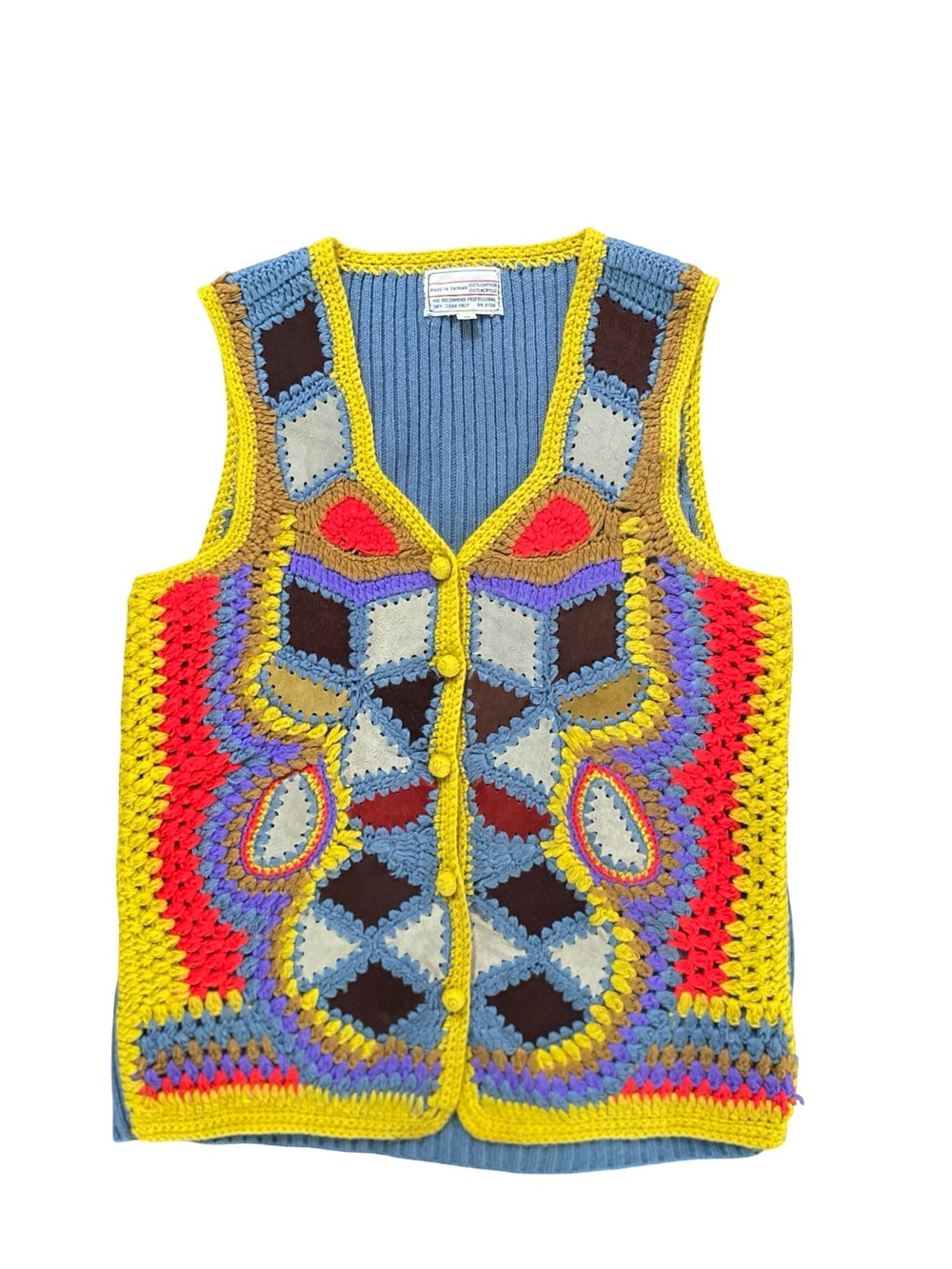 Vintage 70s Aware Acrylic Suede Geometric Multicolor Crochet Vest Size Medium